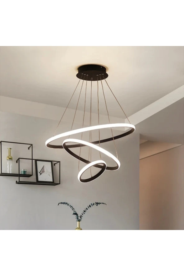 Livora Lighting 3lü Halka Siyah Led Avize Beyaz Işık ürün görseli 1