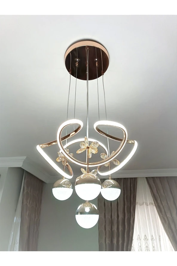 Livora Lighting Alice Modern Sarkıt Kelebekli Gold Sarı 3 Kademeli Ledli Avize ürün görseli 1