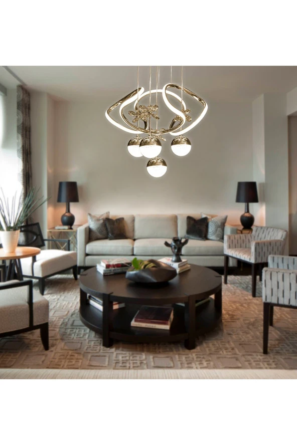 Livora Lighting Alice Modern Sarkıt Kelebekli Gold Sarı 3 Kademeli Ledli Avize ürün görseli 1