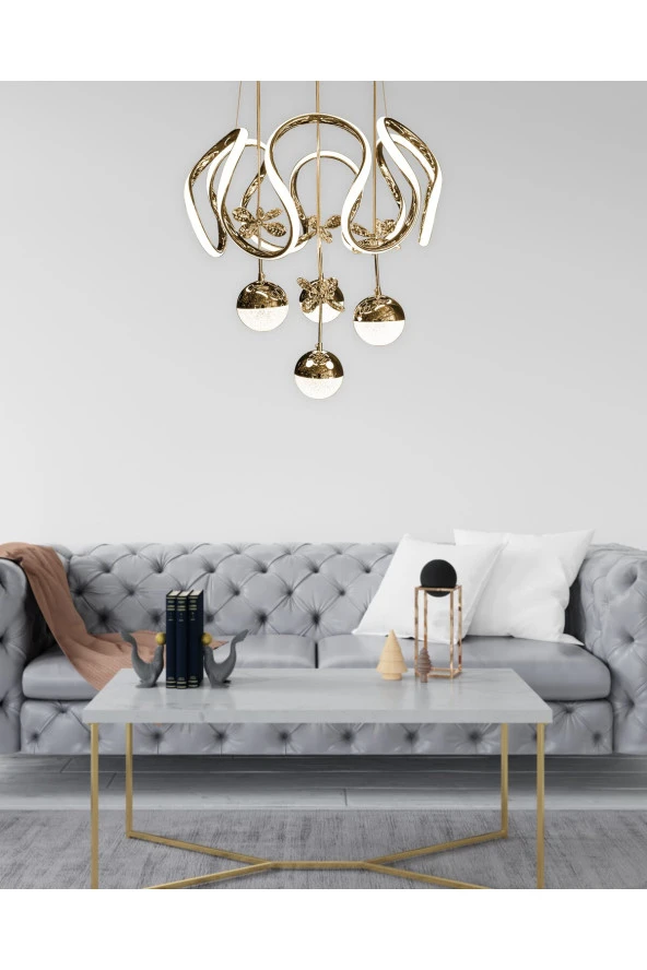 Livora Lighting Diana Modern Sarkıt Kelebekli Gold Sarı 3 Kademeli Ledli Avize ürün görseli 1