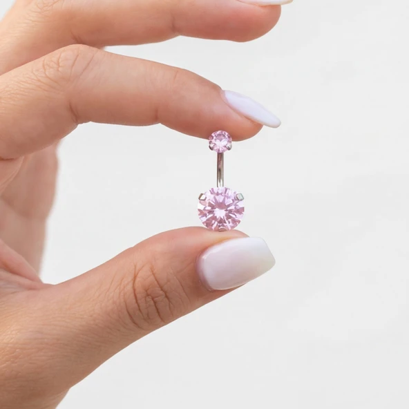 316L Çelik Pembe Zirkon Taşlı Piercing  PRC-207 - Resim 3