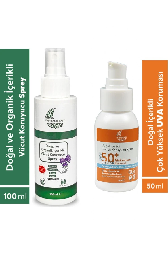 Organik Ve Doğal İçerikli Vücut Koruyucu Bebek Çocuk Ve Yetişkin Sprey 100 ml ve Güneş Kremi 50 ml ürün görseli 1