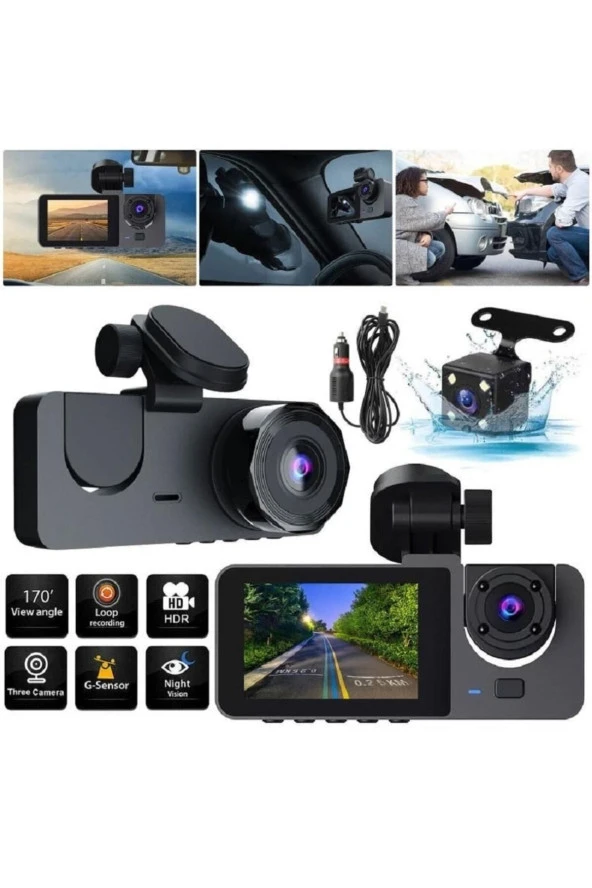 Yenilenen 2 Inç 3 Kameralı 1080p Yol Kayıt Araç Kamerası(türkçemenü+gerigörüş+hareketsensörü) ürün görseli 1