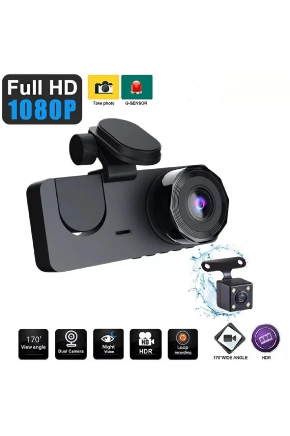 Yeni 2 Inç 3 Kameralı 1080p Yol Kayıt Araç Kamerası(türkçemenü+gerigörüş+hareketsensörü) ürün görseli 1