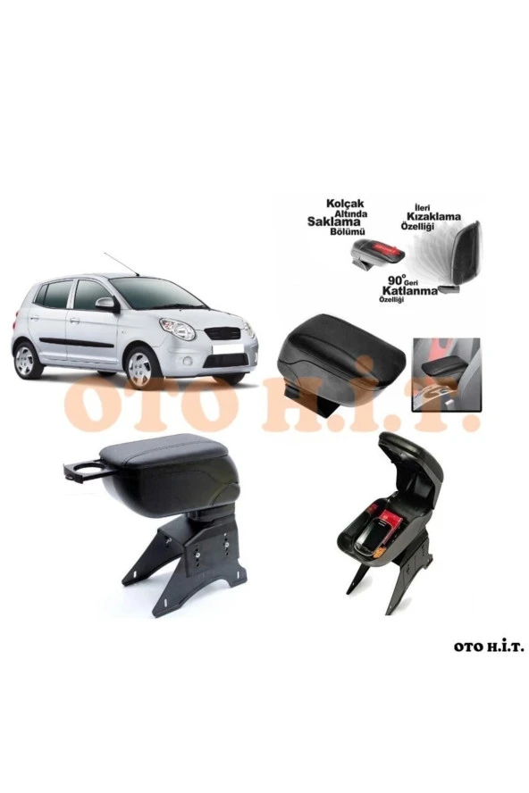 OTO H.İ.T.  Kia Picanto 04-08 Uyumlu Kol Dayama Ve Kolçak Sürgülü Bardaklıklı Ayarlanabilir Siyah Deri ürün görseli 1