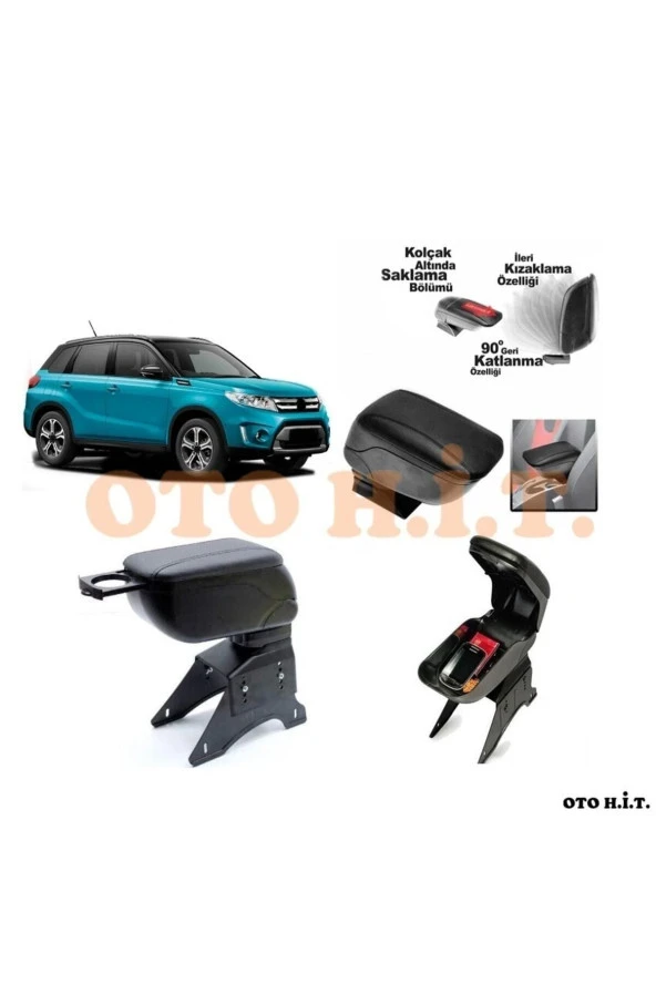 OTO H.İ.T.  Suzuki Vitara Uyumlu Kol Dayama Ve Kolçak Sürgülü Bardaklıklı Ayarlanabilir Siyah Deri ürün görseli 1
