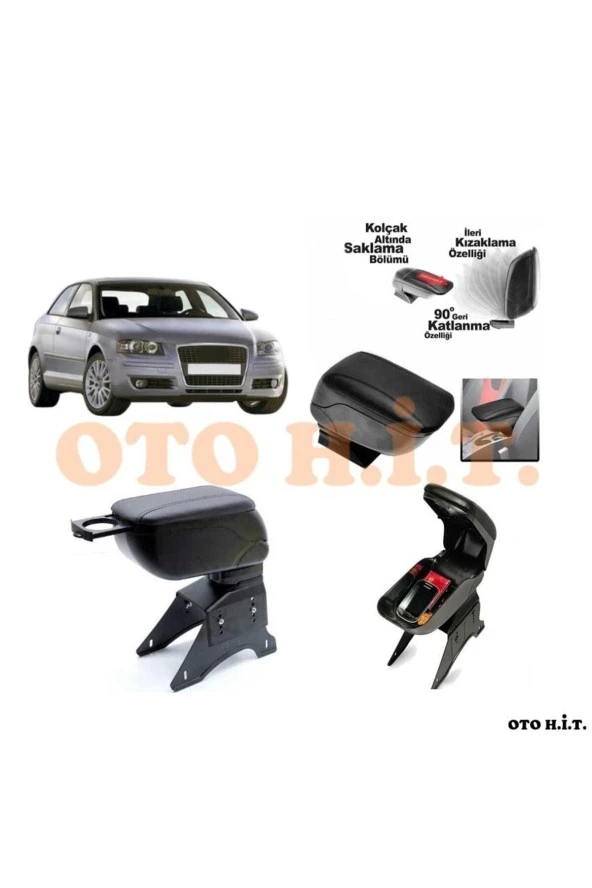 OTO H.İ.T.  Audi A3 04-08 Uyumlu Kol Dayama Ve Kolçak Sürgülü Bardaklıklı Ayarlanabilir Siyah Deri ürün görseli 1