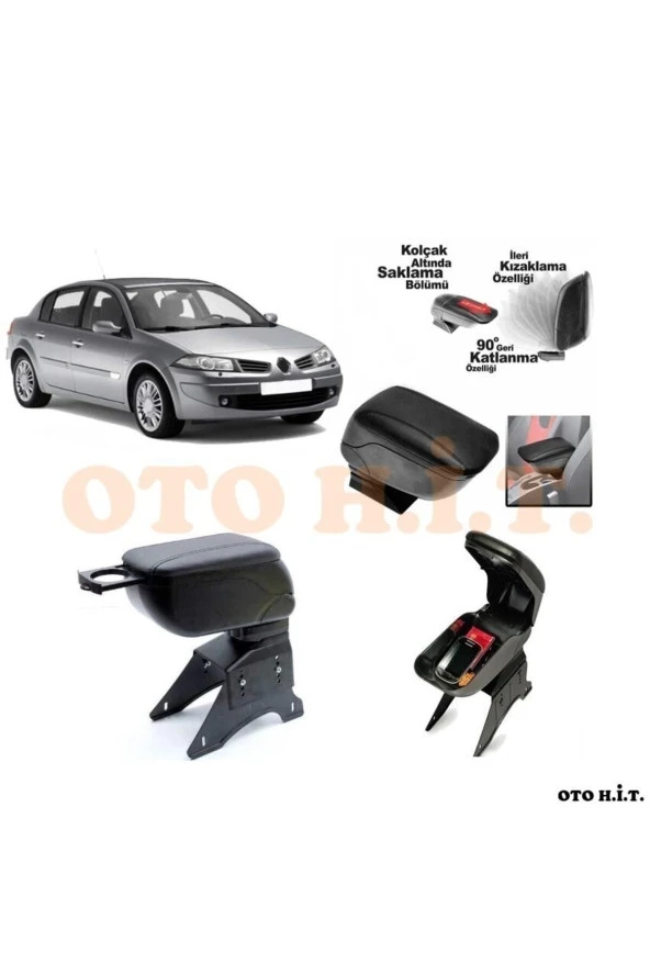 OTO H.İ.T.  Renault Megane 2 Uyumlu Kol Dayama Ve Kolçak Sürgülü Bardaklıklı Ayarlanabilir Siyah Deri ürün görseli 1