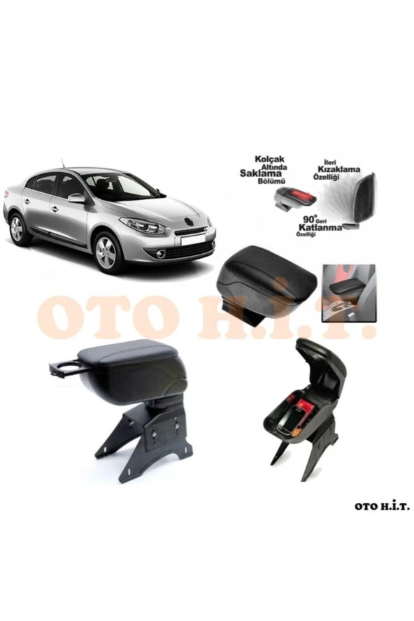 OTO H.İ.T.  Renault Fluence Makyaksız Uyumlu Kol Dayama Ve Kolçak Sürgülü Bardaklıklı Ayarlanabilir Siyah Deri ürün görseli 1