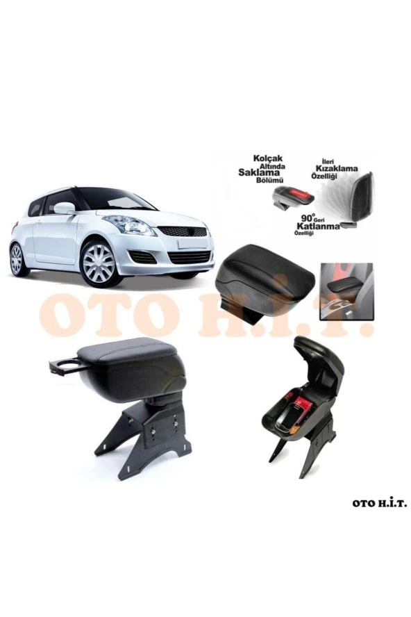 OTO H.İ.T.  Suzuki Swift 13-16 Uyumlu Kol Dayama Ve Kolçak Sürgülü Bardaklıklı Ayarlanabilir Siyah Deri ürün görseli 1