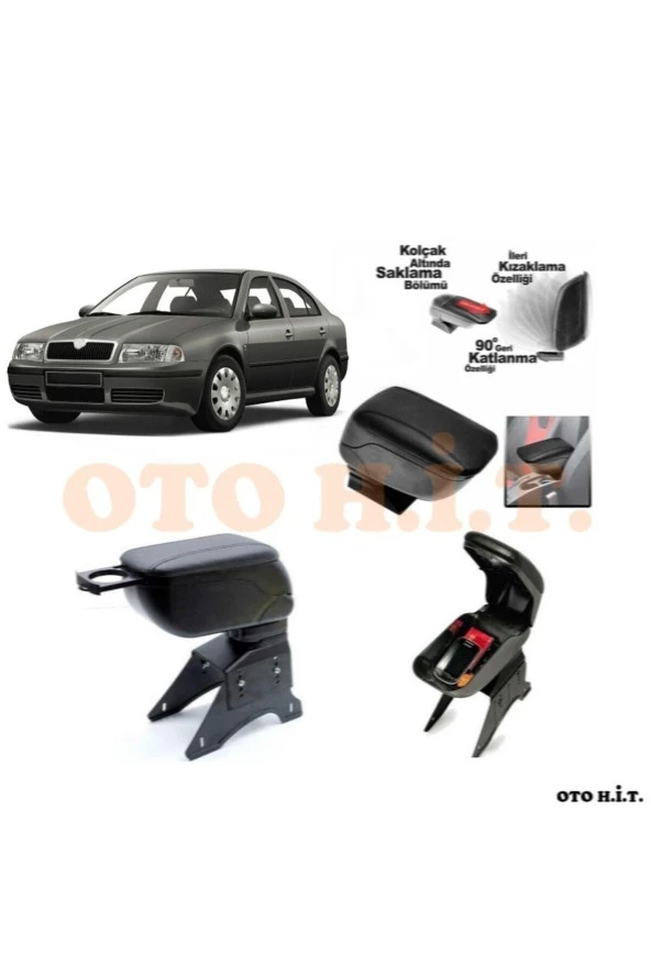 OTO H.İ.T.  Skoda Octavia 99-05 Uyumlu Kol Dayama Ve Kolçak Sürgülü Bardaklıklı Ayarlanabilir Siyah Deri ürün görseli 1
