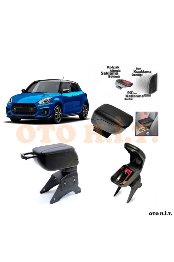 OTO H.İ.T.  Suzuki Swift 17 Üzeri Uyumlu Kol Dayama Ve Kolçak Sürgülü Bardaklıklı Ayarlanabilir Siyah Deri ürün görseli 1