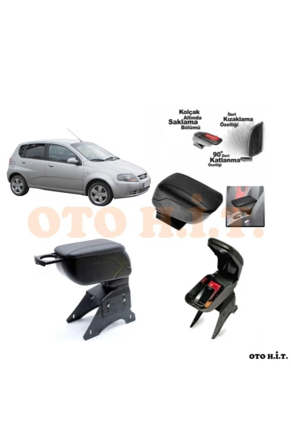 OTO H.İ.T.  Chevrolet Aveo 06-11 Uyumlu Kol Dayama Ve Kolçak Sürgülü Bardaklıklı Ayarlanabilir Siyah Deri ürün görseli 1