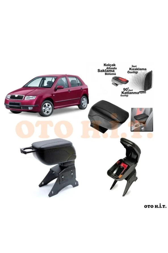 OTO H.İ.T.  Skoda Fabia 01-08 Uyumlu Kol Dayama Ve Kolçak Sürgülü Bardaklıklı Ayarlanabilir Siyah Deri ürün görseli 1