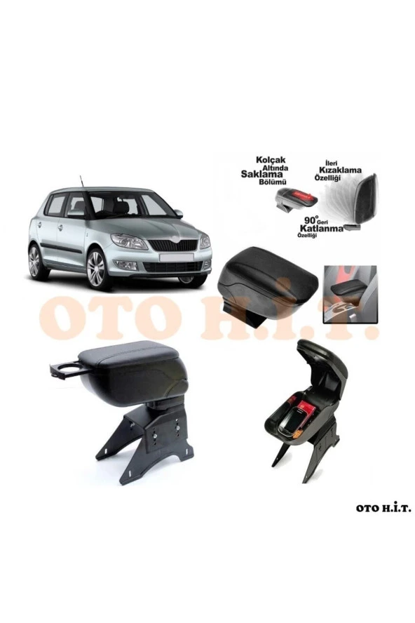 OTO H.İ.T.  Skoda Fabia 08-14 Uyumlu Kol Dayama Ve Kolçak Sürgülü Bardaklıklı Ayarlanabilir Siyah Deri ürün görseli 1