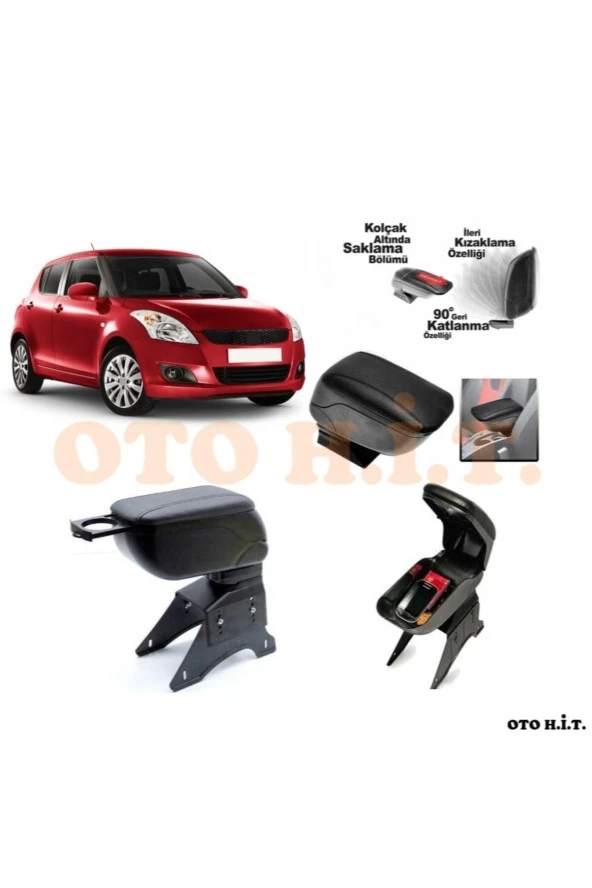 OTO H.İ.T.  Suzuki Swift 06-12 Uyumlu Kol Dayama Ve Kolçak Sürgülü Bardaklıklı Ayarlanabilir Siyah Deri ürün görseli 1