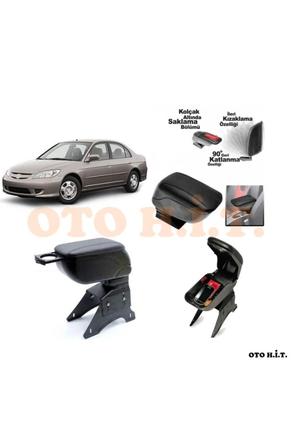 OTO H.İ.T.  Honda Civic Vtec 2 Uyumlu Kol Dayama Ve Kolçak Sürgülü Bardaklıklı Ayarlanabilir Siyah Deri ürün görseli 1