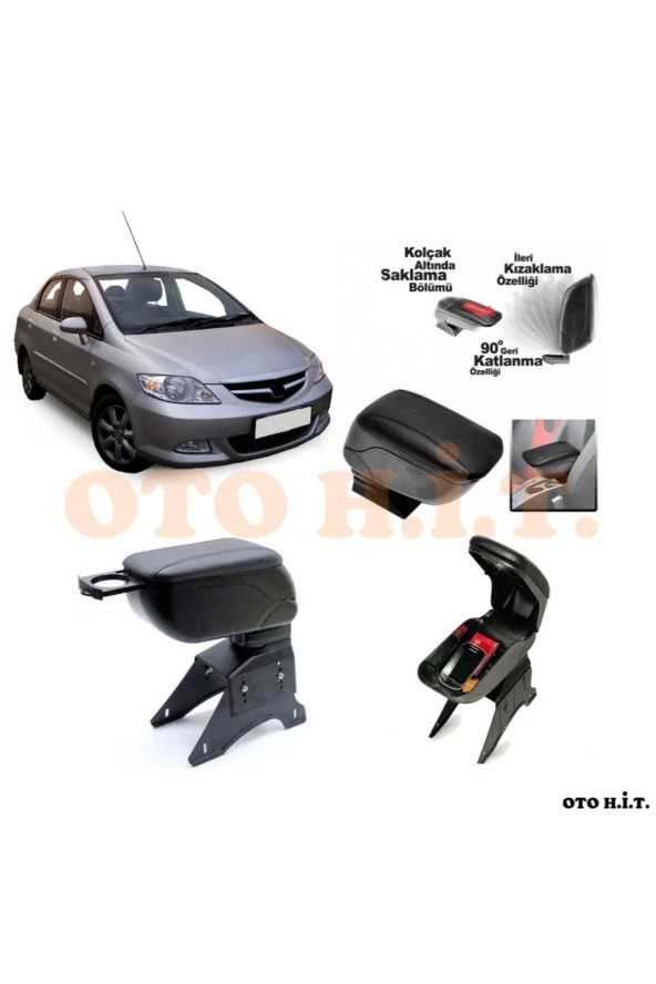 OTO H.İ.T.  Honda City 06-09 Uyumlu Kol Dayama Ve Kolçak Sürgülü Bardaklıklı Ayarlanabilir Siyah Deri ürün görseli 1