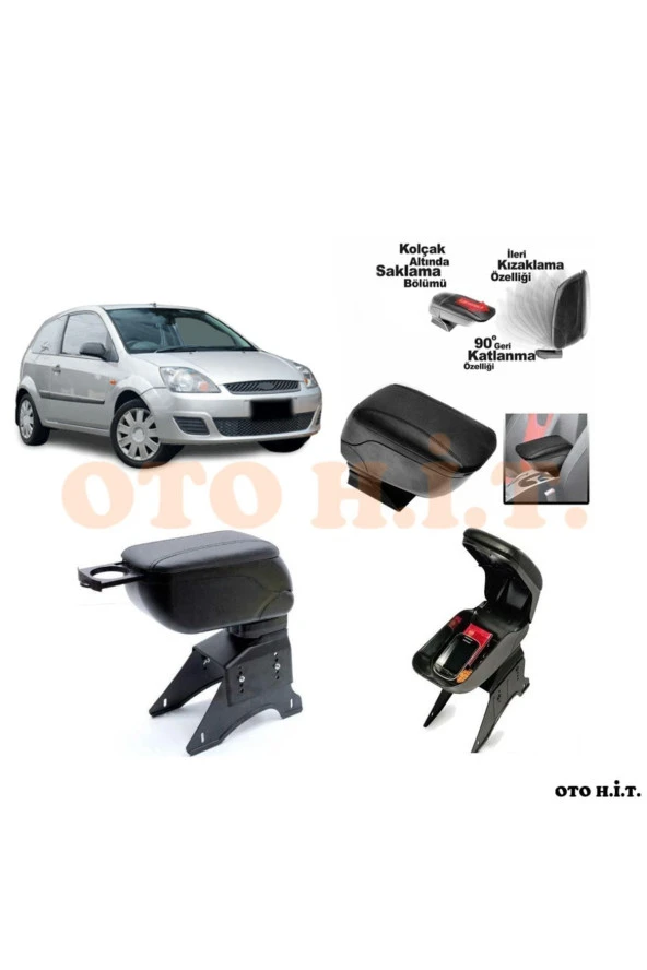 OTO H.İ.T.  Ford Fiesta 02-08 Uyumlu Kol Dayama Ve Kolçak Sürgülü Bardaklıklı Ayarlanabilir Siyah Deri ürün görseli 1