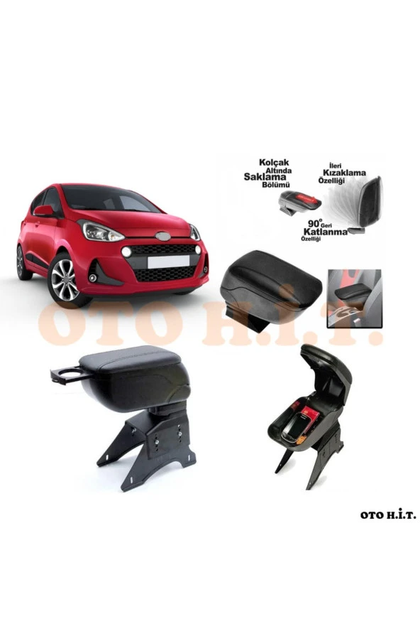 OTO H.İ.T.  Hyundai I10 17-20 Uyumlu Kol Dayama Ve Kolçak Sürgülü Bardaklıklı Ayarlanabilir Siyah Deri ürün görseli 1