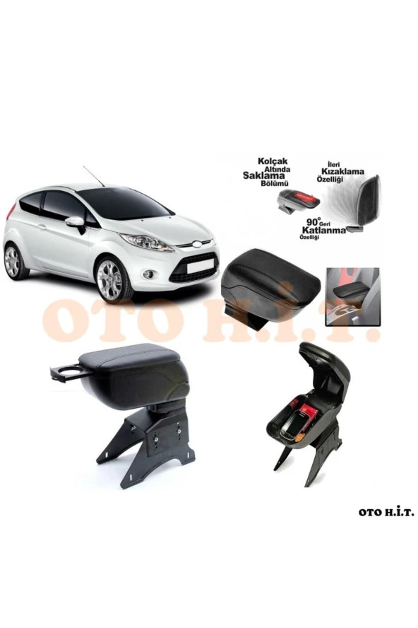 OTO H.İ.T.  Ford Fiesta 2008 Üzeri Uyumlu Kol Dayama Ve Kolçak Sürgülü Bardaklıklı Ayarlanabilir Siyah Deri ürün görseli 1