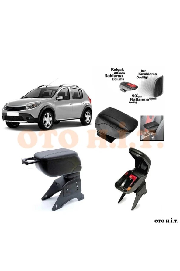 OTO H.İ.T.  Dacia Sandero 09-12 Uyumlu Kol Dayama Ve Kolçak Sürgülü Bardaklıklı Ayarlanabilir Siyah Deri ürün görseli 1