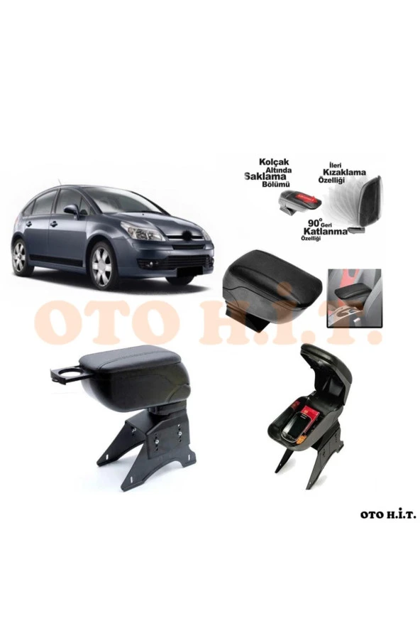 OTO H.İ.T.  Citroen C4 04-10 Uyumlu Kol Dayama Ve Kolçak Sürgülü Bardaklıklı Ayarlanabilir Siyah Deri ürün görseli 1