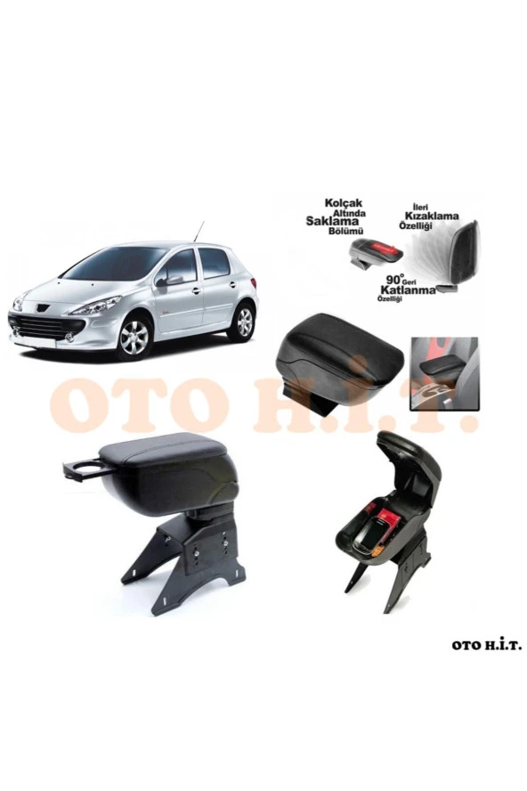 OTO H.İ.T.  Peugeot 307 Uyumlu Kol Dayama Ve Kolçak Sürgülü Bardaklıklı Ayarlanabilir Siyah Deri ürün görseli 1