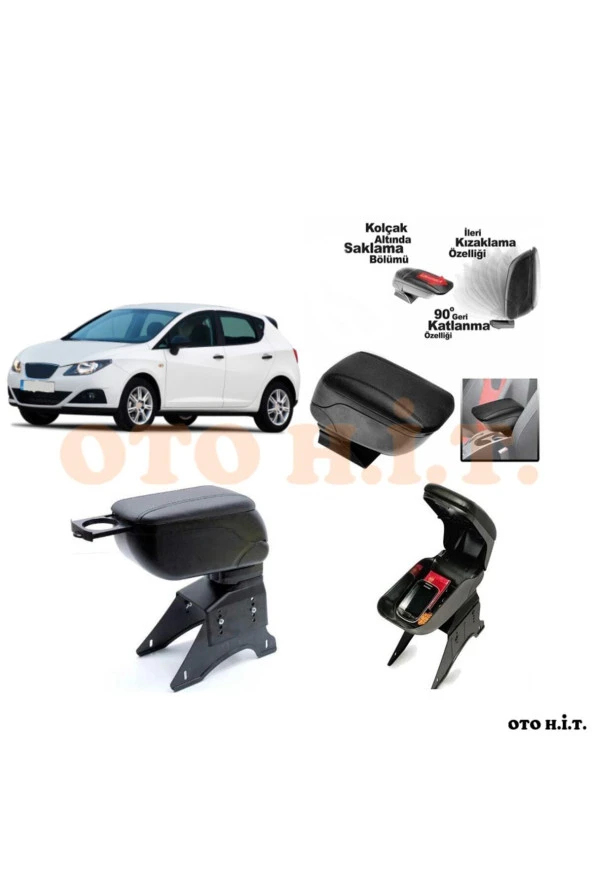 OTO H.İ.T.  Seat Ibiza 2008 Üzeri Uyumlu Kol Dayama Ve Kolçak Sürgülü Bardaklıklı Ayarlanabilir Siyah Deri ürün görseli 1