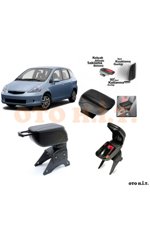 OTO H.İ.T.  Honda Jazz 02-09 Uyumlu Kol Dayama Ve Kolçak Sürgülü Bardaklıklı Ayarlanabilir Siyah Deri ürün görseli 1