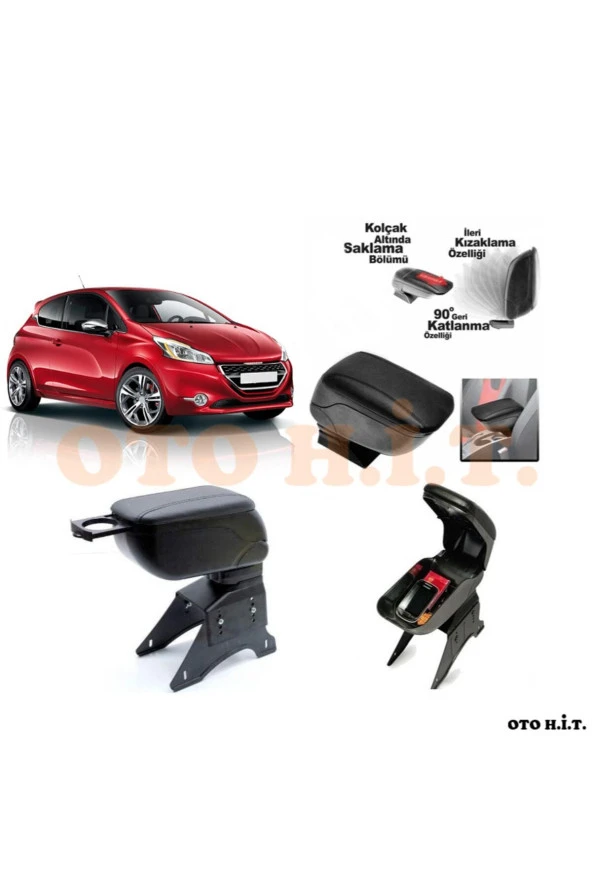 OTO H.İ.T.  Peugeot 208 Uyumlu Kol Dayama Ve Kolçak Sürgülü Bardaklıklı Ayarlanabilir Siyah Deri ürün görseli 1
