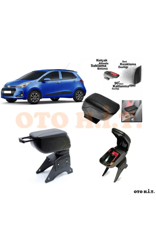 OTO H.İ.T.  Hyundai I10 08-12 Uyumlu Kol Dayama Ve Kolçak Sürgülü Bardaklıklı Ayarlanabilir Siyah Deri ürün görseli 1