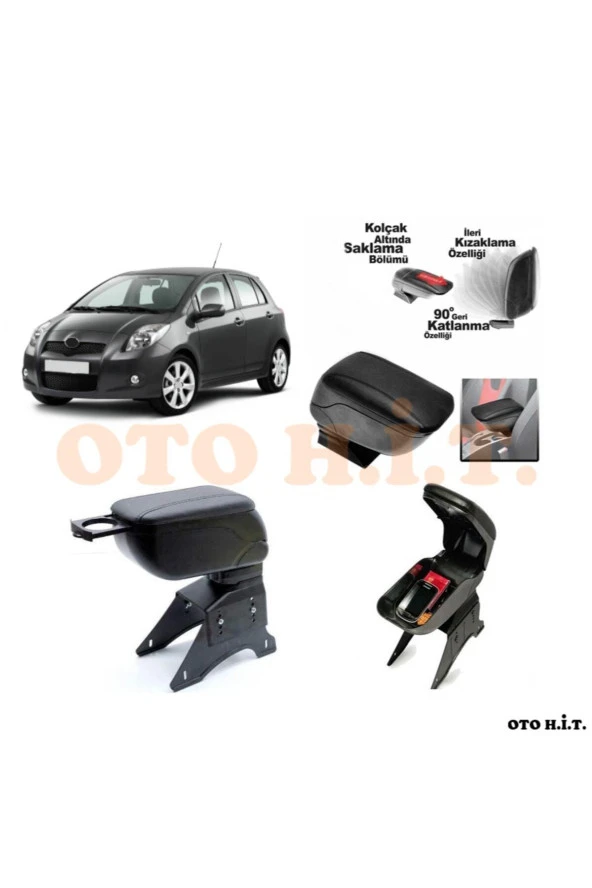 OTO H.İ.T.  Toyota Yaris 06-12 Uyumlu Kol Dayama Ve Kolçak Sürgülü Bardaklıklı Ayarlanabilir Siyah Deri ürün görseli 1