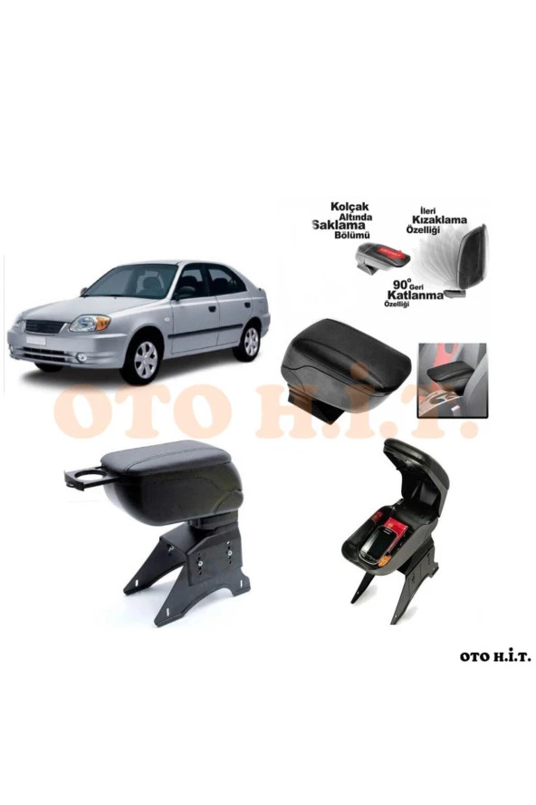 OTO H.İ.T.  Hyundai Accent Admire Uyumlu Kol Dayama Ve Kolçak Sürgülü Bardaklıklı Ayarlanabilir Siyah Deri ürün görseli 1