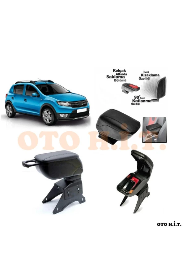 OTO H.İ.T.  Dacia Sandero 13-17 Uyumlu Kol Dayama Ve Kolçak Sürgülü Bardaklıklı Ayarlanabilir Siyah Deri ürün görseli 1