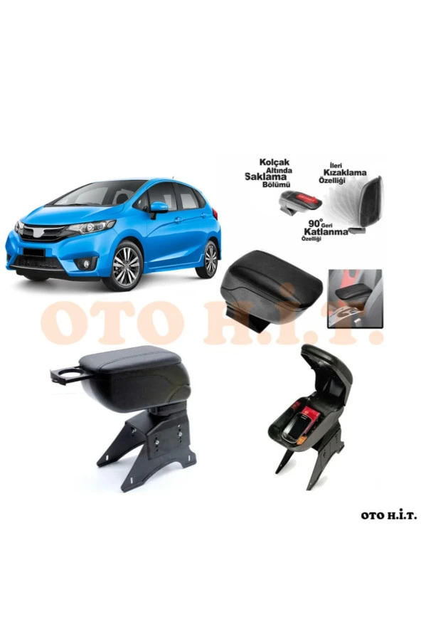 OTO H.İ.T.  Honda Jazz 15-18 Uyumlu Kol Dayama Ve Kolçak Sürgülü Bardaklıklı Ayarlanabilir Siyah Deri ürün görseli 1