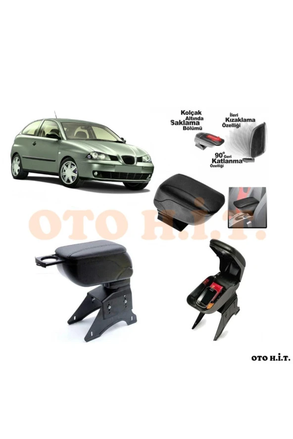 OTO H.İ.T.  Seat Ibiza 02-08 Uyumlu Kol Dayama Ve Kolçak Sürgülü Bardaklıklı Ayarlanabilir Siyah Deri ürün görseli 1