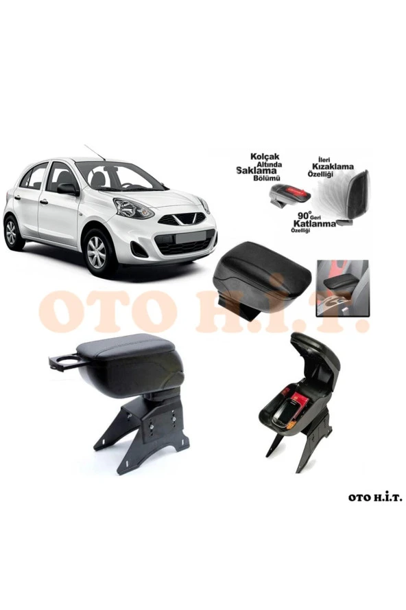 OTO H.İ.T.  Nissan Micra 13-19 Uyumlu Kol Dayama Ve Kolçak Sürgülü Bardaklıklı Ayarlanabilir Siyah Deri ürün görseli 1