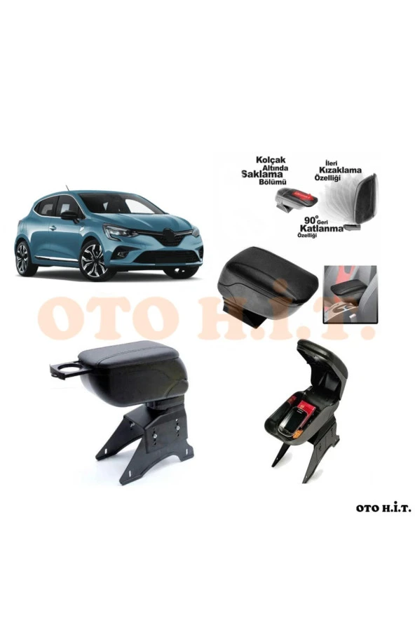 OTO H.İ.T.  Renault Clio 5 Uyumlu Kol Dayama Ve Kolçak Sürgülü Bardaklıklı Ayarlanabilir Siyah Deri ürün görseli 1