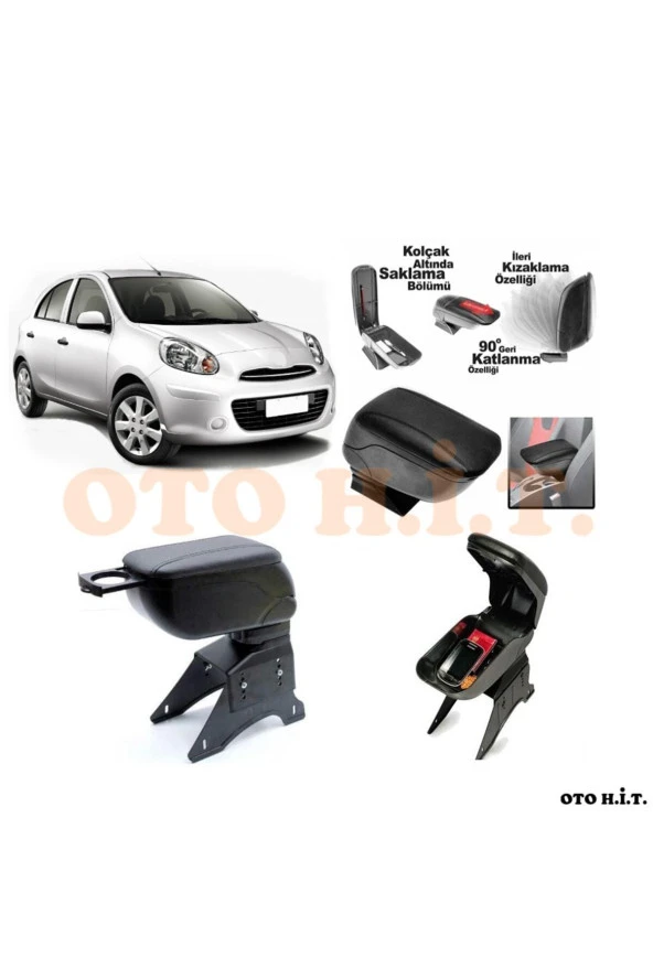 OTO H.İ.T.  Nissan Micra 11-13 Uyumlu Kol Dayama Ve Kolçak Sürgülü Bardaklıklı Ayarlanabilir Siyah Deri ürün görseli 1