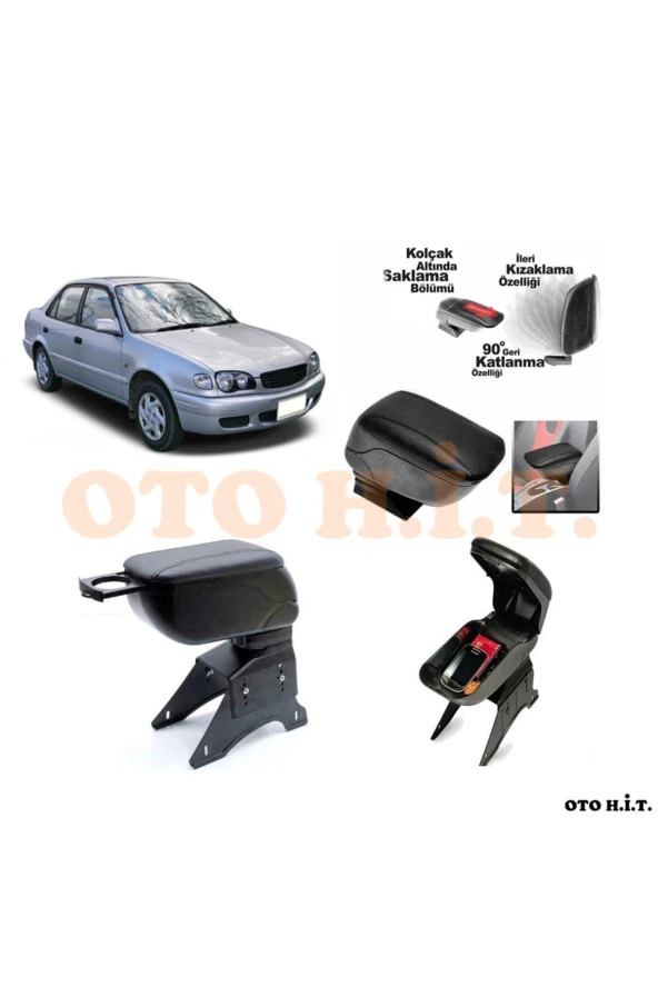 OTO H.İ.T.  Toyota Corolla 2000-2002 Uyumlu Kol Dayama Ve Kolçak Sürgülü Bardaklıklı Ayarlanabilir Siyah Deri ürün görseli 1
