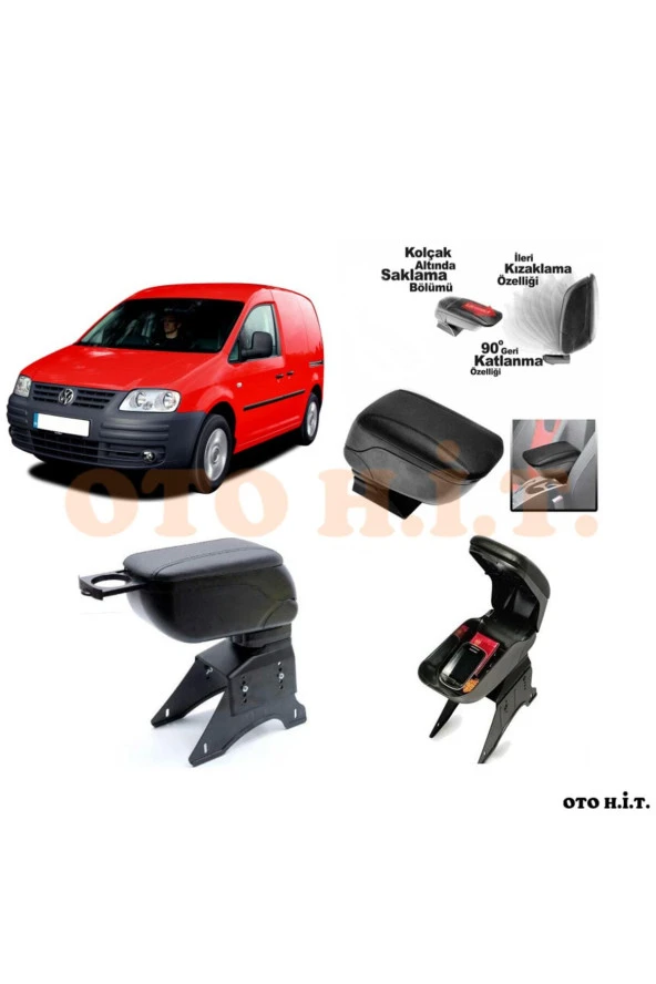 OTO H.İ.T.  Volkswagen Caddy Mk2 Uyumlu Kol Dayama Ve Kolçak Sürgülü Bardaklıklı Ayarlanabilir Siyah Deri ürün görseli 1