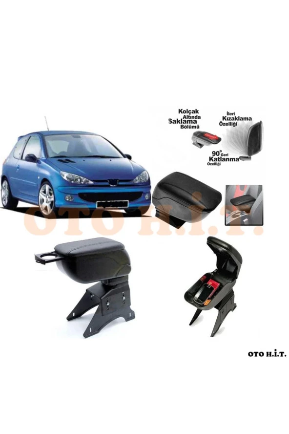 OTO H.İ.T.  Peugeot 206 Uyumlu Kol Dayama Ve Kolçak Sürgülü Bardaklıklı Ayarlanabilir Siyah Deri ürün görseli 1