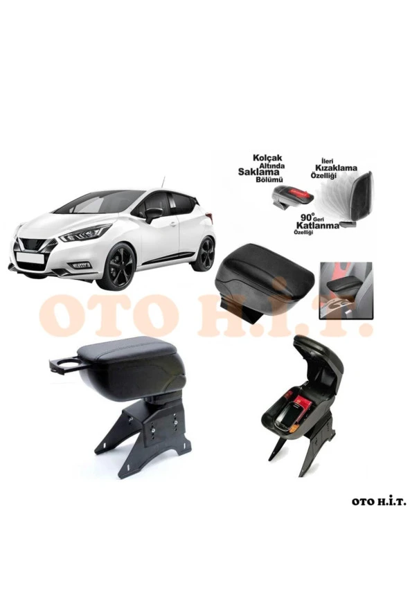 OTO H.İ.T.  Nissan Micra 19 Üzeri Uyumlu Kol Dayama Ve Kolçak Sürgülü Bardaklıklı Ayarlanabilir Siyah Deri ürün görseli 1