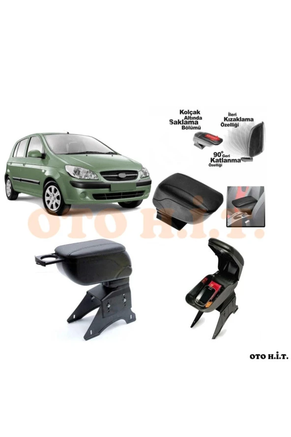 OTO H.İ.T.  Hyundai Getz Uyumlu Kol Dayama Ve Kolçak Sürgülü Bardaklıklı Ayarlanabilir Siyah Deri ürün görseli 1