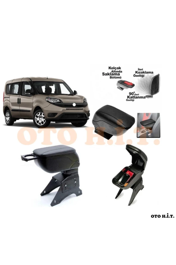 OTO H.İ.T.  Fiat Doblo D4 Uyumlu Kol Dayama Ve Kolçak Sürgülü Bardaklıklı Ayarlanabilir Siyah Deri ürün görseli 1