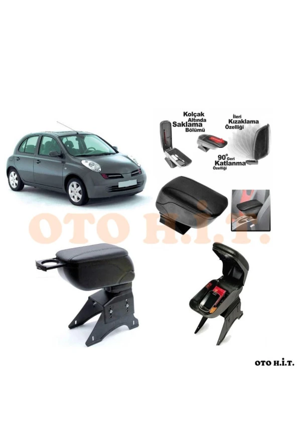 OTO H.İ.T.  Nissan Micra 02-10 Uyumlu Kol Dayama Ve Kolçak Sürgülü Bardaklıklı Ayarlanabilir Siyah Deri ürün görseli 1