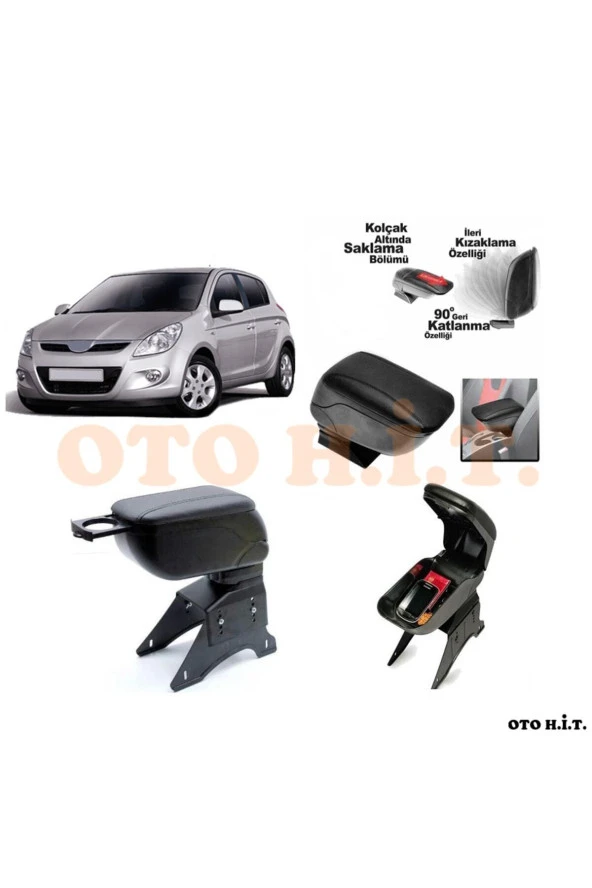 OTO H.İ.T.  Hyundai I20 08-12 Uyumlu Kol Dayama Ve Kolçak Sürgülü Bardaklıklı Ayarlanabilir Siyah Deri ürün görseli 1
