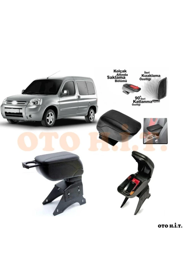 OTO H.İ.T.  Citroen Berlingo 02-08 Uyumlu Kol Dayama Ve Kolçak Sürgülü Bardaklıklı Ayarlanabilir Siyah Deri ürün görseli 1