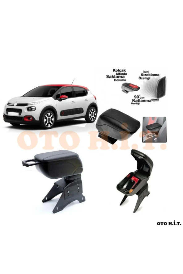 OTO H.İ.T.  Citroen C3 16 Üzeri Uyumlu Kol Dayama Ve Kolçak Sürgülü Bardaklıklı Ayarlanabilir Siyah Deri ürün görseli 1